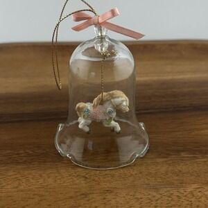 3" Vintage Ornament  Glass Souvenir Bell With Carousel Horse And Pink Bow‎